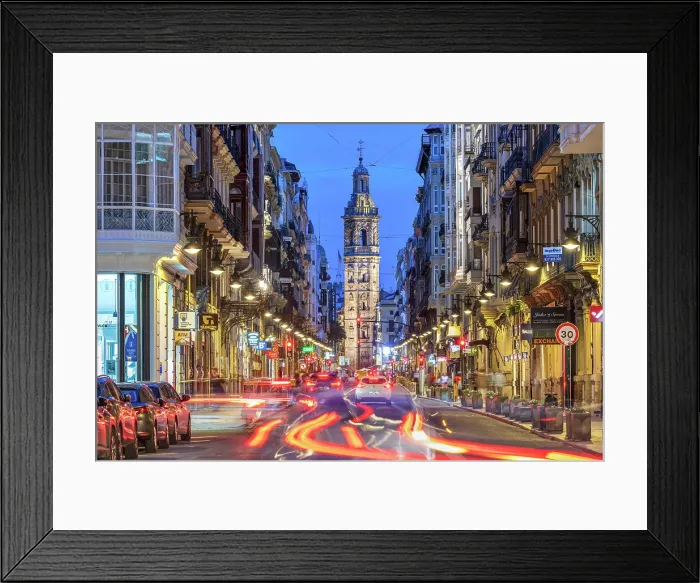 Framed Print : Carrer de la Pau street with Santa Catalina tower in the background, Valencia, Spain Framed Print : Carrer de la Pau street with Santa Catalina tower in the background, Valencia, Spain
