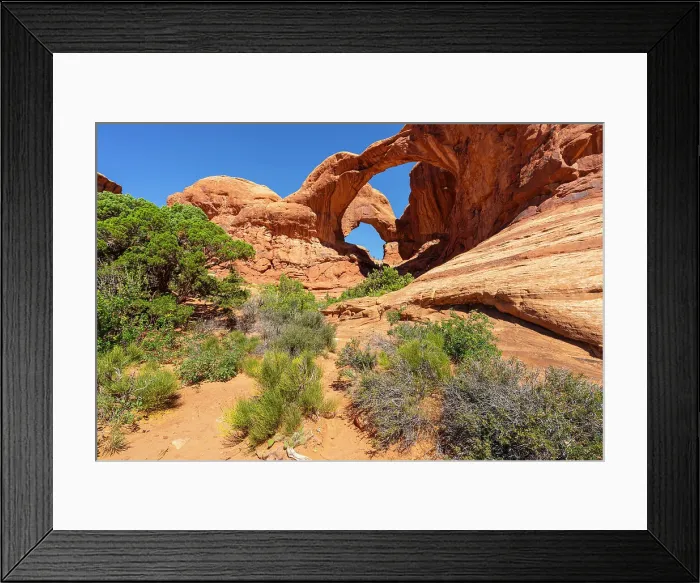 Framed Print : Low angle view of popular Double Arch on sunny day, Arches National Park, Utah, USA Framed Print : Low angle view of popular Double Arch on sunny day, Arches National Park, Utah, USA