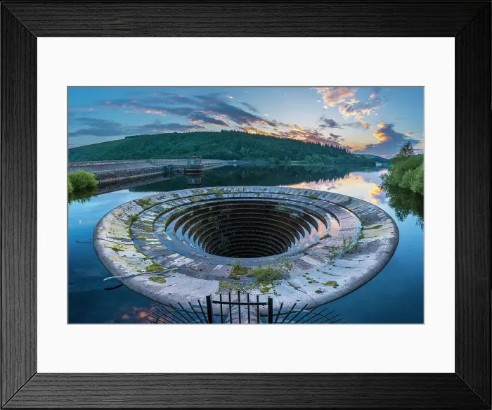 Framed Print : UK, England, Derbyshire, Peak District National Park, High Peak, Ladybower Reservoir, bell mouth spillway, overflow or plug hole