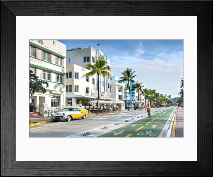 Framed Print : USA, Miami Beach, Florida, South Beach, Ocean Drive, Art Deco Hotels, Sunrise, 1955 Oldsmobile, Rollerblading Framed Print : USA, Miami Beach, Florida, South Beach, Ocean Drive, Art Deco Hotels, Sunrise, 1955 Oldsmobile, Rollerblading