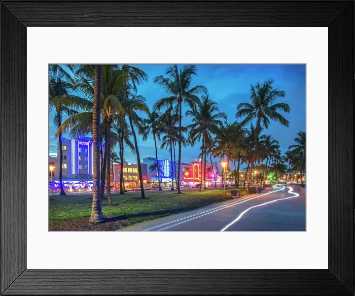 Framed Print : USA, Miami Beach, Florida, South Beach, Lummus Park Promenade, Ocean Drive, Art Deco Hotels, Dusk, Palm Trees Framed Print : USA, Miami Beach, Florida, South Beach, Lummus Park Promenade, Ocean Drive, Art Deco Hotels, Dusk, Palm Trees