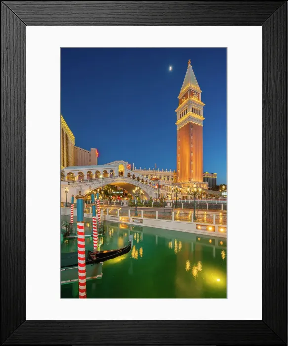 Framed Print : Gondola rides in canal The Venetian Las Vegas Hotel at twilight, Las Vegas Strip, Paradise, Las Vegas Boulevard, Clark County, Las Vegas, Nevada, USA