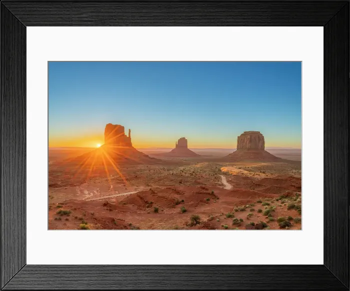 Framed Print : Scenic view of The Mitten buttes at sunrise, Monument Valley, Arizona, USA Framed Print : Scenic view of The Mitten buttes at sunrise, Monument Valley, Arizona, USA