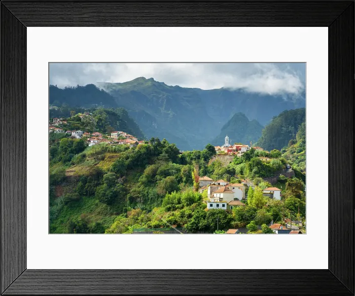 Framed Print : Igreja Paroquial de Sao Roque do Faial church against mountains, Sao Roque do Faial, Santana, Madeira, Portugal