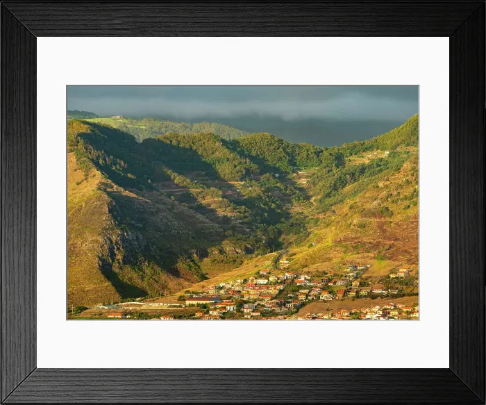 Framed Print : Town of Canical under mountains at sunrise, Machico, Madeira, Portugal