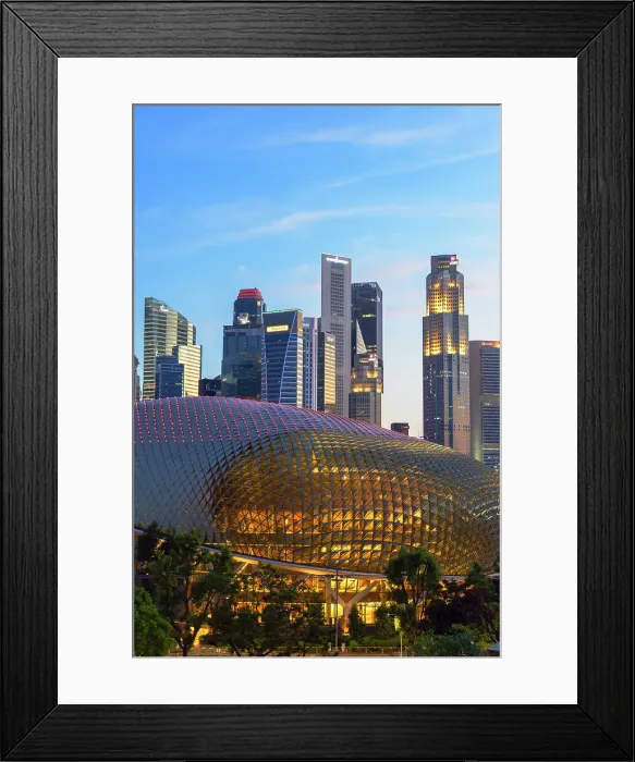 Framed Print : Skyscrapers of Central Business District and Theatres on the Bay at dusk, Singapore Framed Print : Skyscrapers of Central Business District and Theatres on the Bay at dusk, Singapore