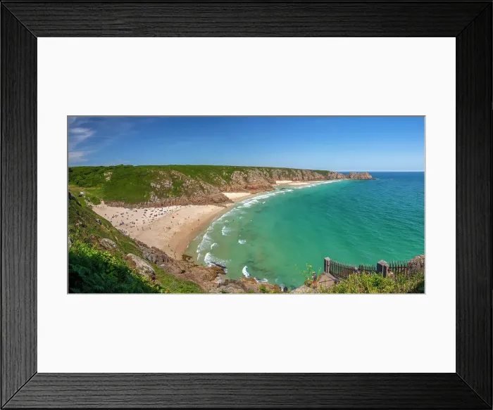 Framed Print : UK, England, Cornwall, Porthcurno Bay, Porthcurno Beach, Pedn Vounder Beach, Logan Rock Headland