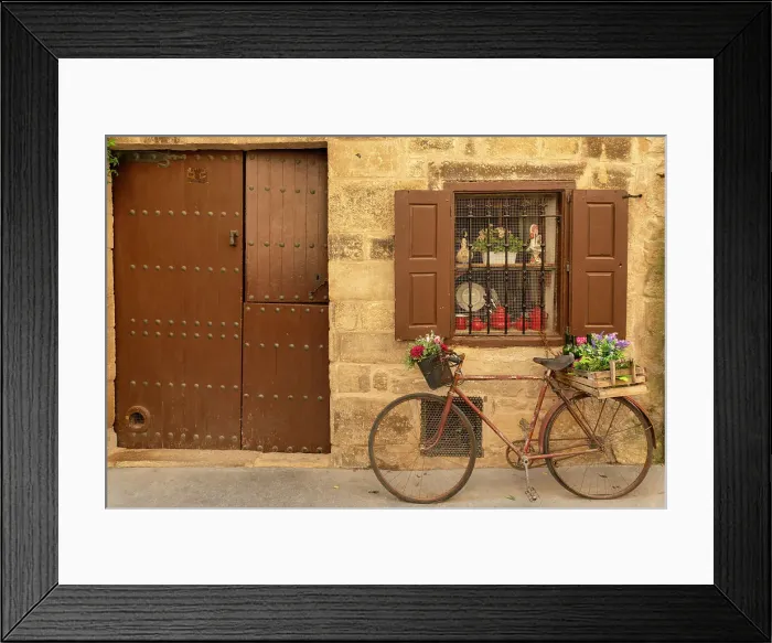 Framed Print : Old Bike under Traditional Window & Door, Laguardia, Alava, Spain Framed Print : Old Bike under Traditional Window & Door, Laguardia, Alava, Spain