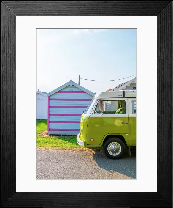 Framed Print : UK, England, Suffolk, Felixstowe, Beach Huts and VW T2 Baywindow Campervan