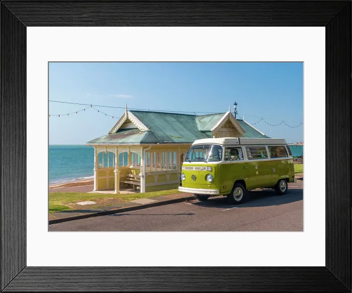 Framed Print : UK, England, Suffolk, Felixstowe, Promenade, beach shelter, VW T2 Baywindow Campervan