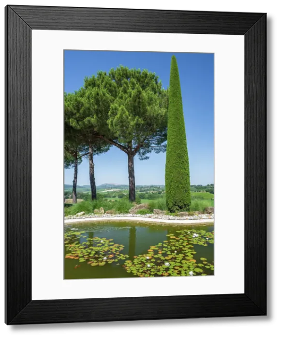 Framed Print : Italy, Tuscany, Siena, The garden and the pond of the winery Bindella near to Montepulciano