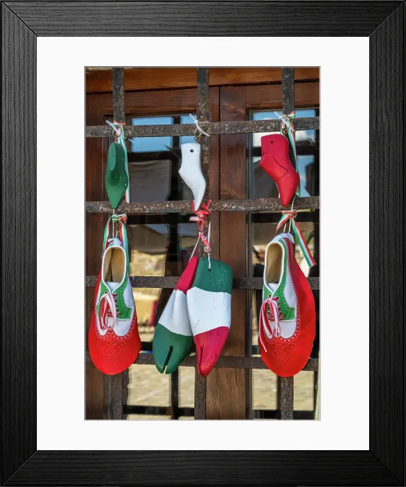 Framed Print : Italy, Tuscany, Province of Siena. Monteriggioni. a beautifully decorated shop of a shoemaker Framed Print : Italy, Tuscany, Province of Siena. Monteriggioni. a beautifully decorated shop of a shoemaker