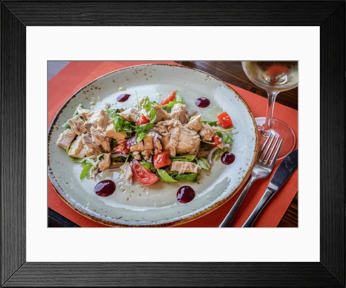 Framed Print : Italy, Tuscany, Elba. Seafood dish of wild tuna fish salad acompanied by a glass of Ansonica wine Framed Print : Italy, Tuscany, Elba. Seafood dish of wild tuna fish salad acompanied by a glass of Ansonica wine