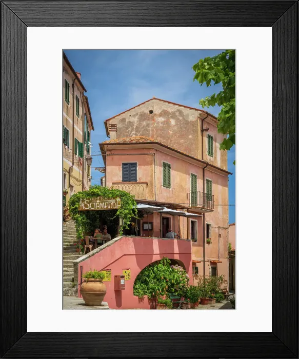 Framed Print : Italy, Tuscany, Elba. A restaurant in the picturesque streets of Poggio, little village in Western Elba Framed Print : Italy, Tuscany, Elba. A restaurant in the picturesque streets of Poggio, little village in Western Elba