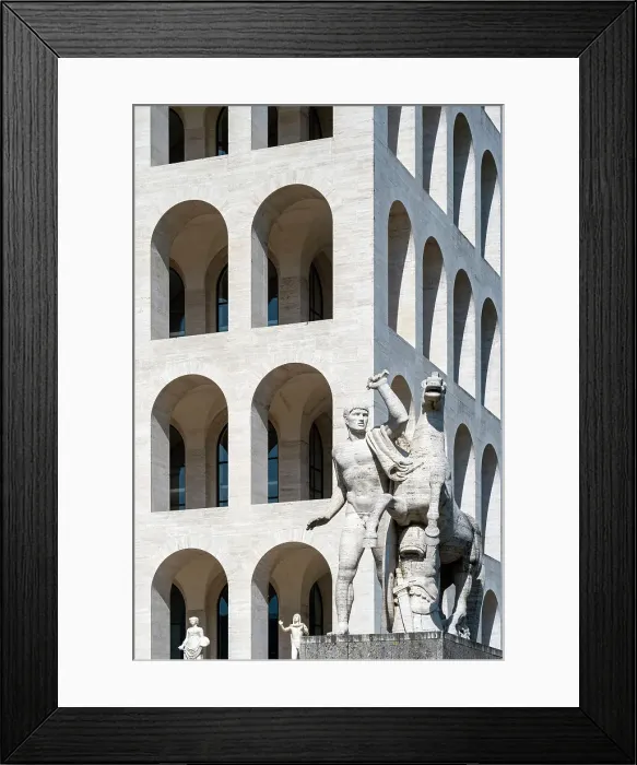 Framed Print : Equestrian sculpture with Palace of Italian Civilization (Palazzo della Civilta Italiana) behind, EUR district, Rome, Lazio, Italy
