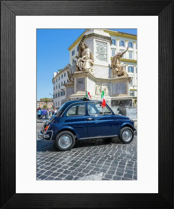 Framed Print : Old iconic blue Fiat 500 car with Italian flags parked in a cobbled square, Rome, Lazio, Italy Framed Print : Old iconic blue Fiat 500 car with Italian flags parked in a cobbled square, Rome, Lazio, Italy