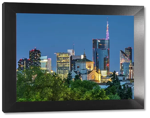 Financial district skyline by night, Milan, Lombardy, Italy