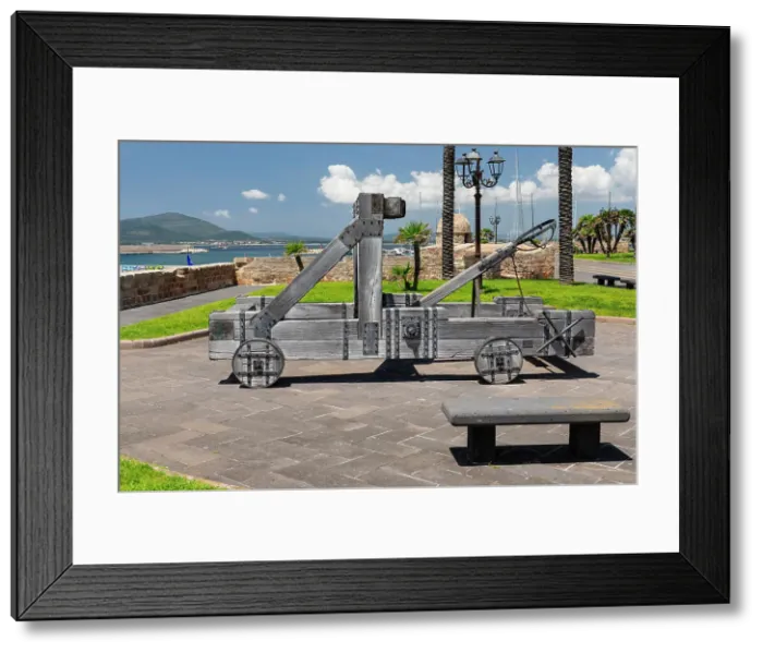 Framed Print : Historic catapult on the citiy wall of Alghero, Sassari province, Sardinia, Italy Framed Print : Historic catapult on the citiy wall of Alghero, Sassari province, Sardinia, Italy