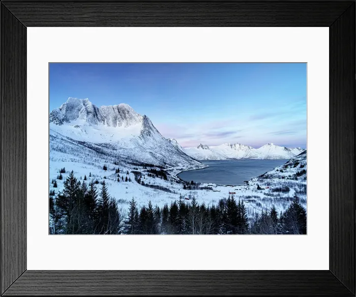 Framed Print : Snowy forest with Breidtinden mountain on background above the icy fjord, Mefjorden, Senja, Troms county, Norway Framed Print : Snowy forest with Breidtinden mountain on background above the icy fjord, Mefjorden, Senja, Troms county, Norway
