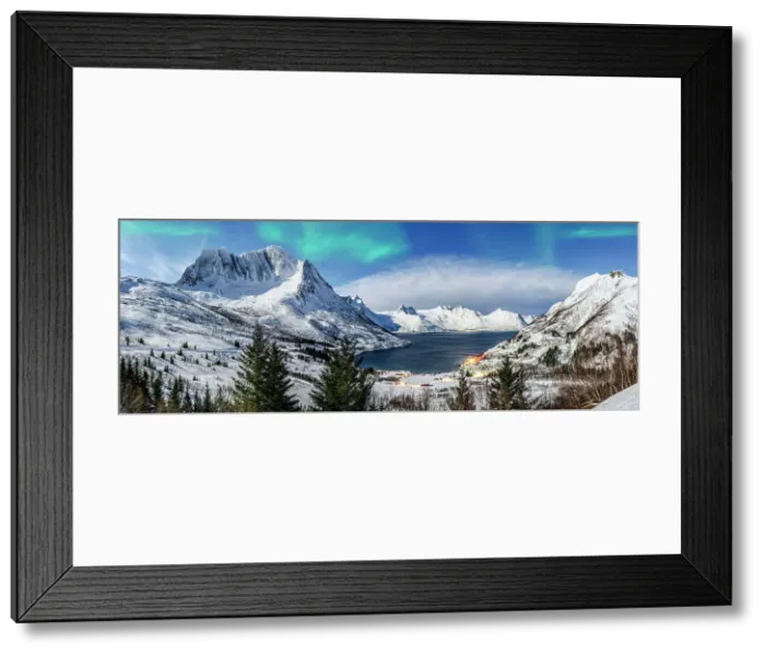 Framed Print : Panoramic of snowy mountains and cold sea under the Northern Lights, Mefjorden, Senja, Troms county, Norway