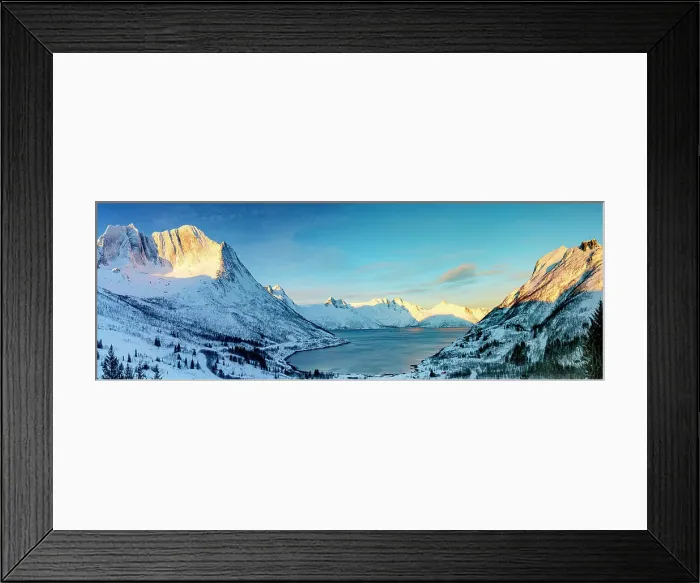 Framed Print : Sunrise over the snowy Breidtinden mountain and Mefjordbotn in winter, Mefjorden, Senja, Troms county, Norway