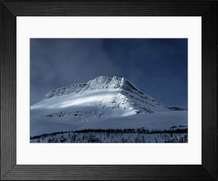 Framed Print : Dramatic sky over majestic mountain peak covered with snow, Lyngen Alps, Tromso, Troms og Finnmark, Norway