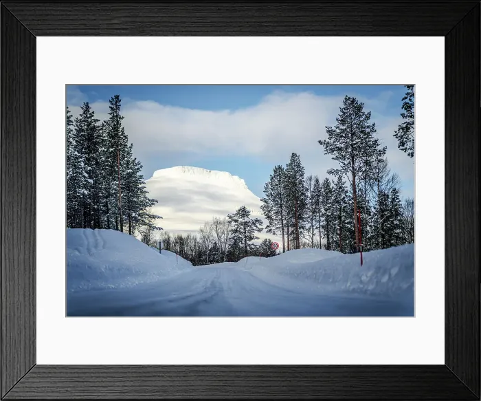 Framed Print : Empty snowy road into a frozen forest leading to majestic mountains of Lyngen Alps, Tromso, Troms og Finnmark, Norway Framed Print : Empty snowy road into a frozen forest leading to majestic mountains of Lyngen Alps, Tromso, Troms og Finnmark, Norway