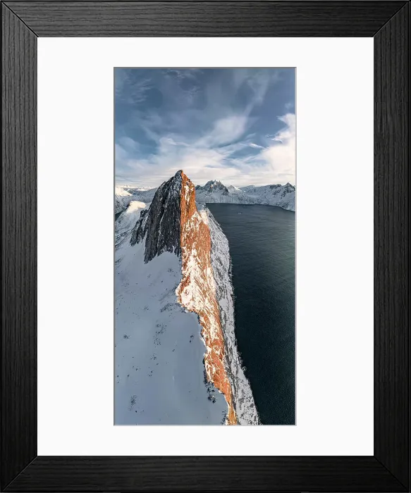 Framed Print : Overhead view of steep ridge of Segla mountain covered with snow at sunset, aerial view, Senja, Troms county, Norway Framed Print : Overhead view of steep ridge of Segla mountain covered with snow at sunset, aerial view, Senja, Troms county, Norway