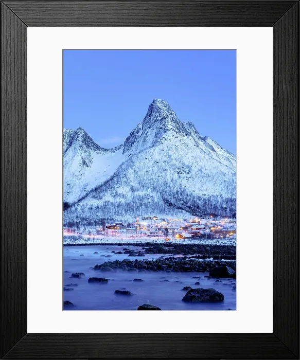 Framed Print : Fishing village of Mefjordvaer and snowy mountains at dusk, Senja, Troms county, Norway Framed Print : Fishing village of Mefjordvaer and snowy mountains at dusk, Senja, Troms county, Norway