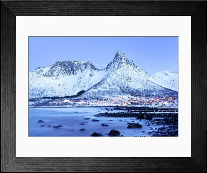 Framed Print : Dusk over Mefjordvaer village covered with snow in winter, Senja, Troms county, Norway Framed Print : Dusk over Mefjordvaer village covered with snow in winter, Senja, Troms county, Norway