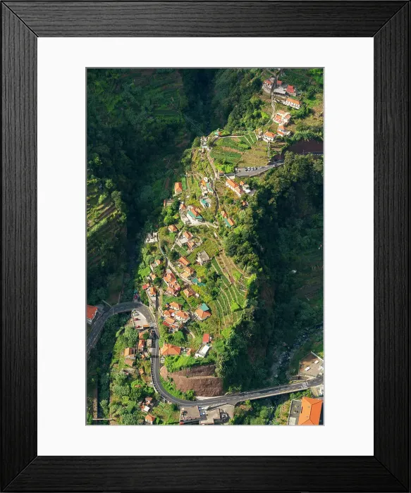 Framed Print : Aerial view of winding road and house on hill slope, Curral das Freiras (Pen of the Nuns), Camara de Lobos, Madeira, Portugal Framed Print : Aerial view of winding road and house on hill slope, Curral das Freiras (Pen of the Nuns), Camara de Lobos, Madeira, Portugal