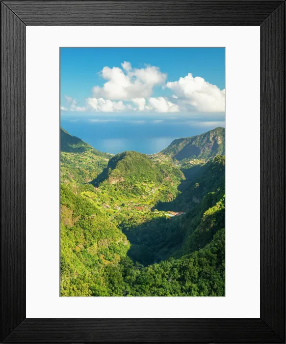 Framed Print : Trail Levada dos Balcoes and distant views of Faial, Santana, Madeira, Portugal