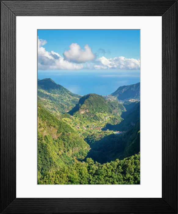 Framed Print : Trail Levada dos Balcoes and distant views of Faial, Santana, Madeira, Portugal
