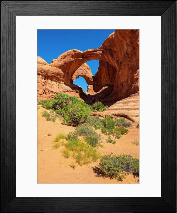 Framed Print : Low angle view of popular Double Arch on sunny day, Arches National Park, Utah, USA Framed Print : Low angle view of popular Double Arch on sunny day, Arches National Park, Utah, USA