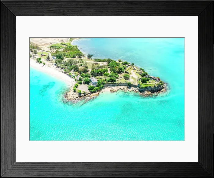 Framed Print : Overhead view of the old Fort James and beach, St. John's, Antigua, Antigua & Barbuda, Caribbean Framed Print : Overhead view of the old Fort James and beach, St. John's, Antigua, Antigua & Barbuda, Caribbean