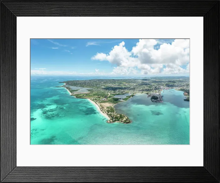 Framed Print : Aerial of idyllic beach and historic Fort James, St. John's, Antigua, Antigua & Barbuda, Caribbean