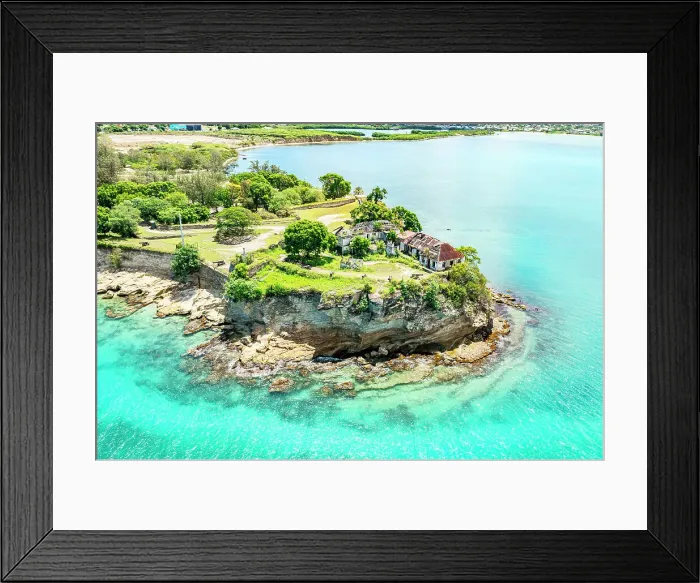 Framed Print : Aerial view of historic Fort James military building by the crystal sea, St. John's, Antigua, Antigua & Barbuda, Caribbean Framed Print : Aerial view of historic Fort James military building by the crystal sea, St. John's, Antigua, Antigua & Barbuda, Caribbean