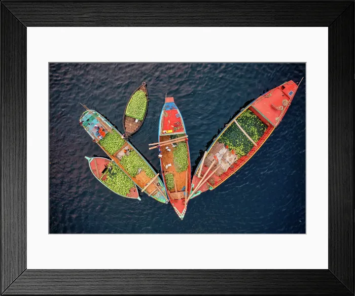 Framed Print : Aerial view of people working on commercial boats with fruits, Buriganga river, Keraniganj, Dhaka, Bangladesh Framed Print : Aerial view of people working on commercial boats with fruits, Buriganga river, Keraniganj, Dhaka, Bangladesh