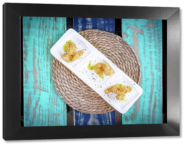 Fried coconut shrimp in a tray from above, Antigua, Antigua & Barbuda, Caribbean, West Indies