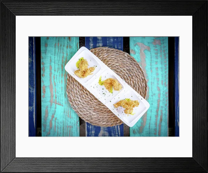 Framed Print : Fried coconut shrimp in a tray from above, Antigua, Antigua & Barbuda, Caribbean, West Indies Framed Print : Fried coconut shrimp in a tray from above, Antigua, Antigua & Barbuda, Caribbean, West Indies