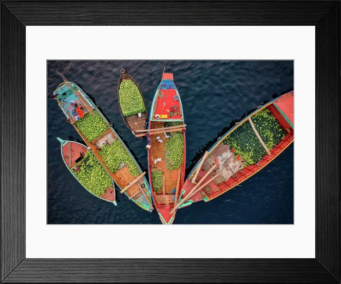 Framed Print : Aerial view of people working on commercial boats with fruits, Buriganga river, Keraniganj, Dhaka, Bangladesh Framed Print : Aerial view of people working on commercial boats with fruits, Buriganga river, Keraniganj, Dhaka, Bangladesh