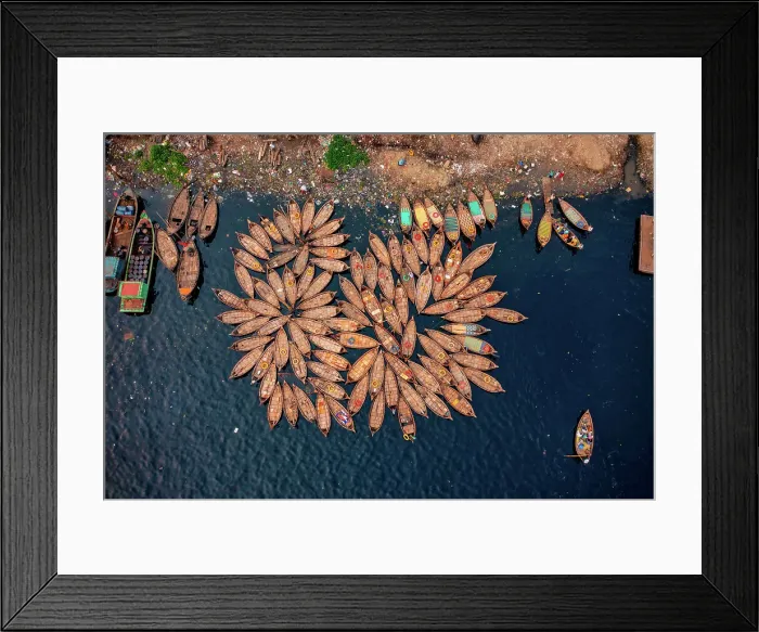 Framed Print : Aerial view of Wooden fishing boats along the Buriganga River, Keraniganj, Dhaka, Bangladesh