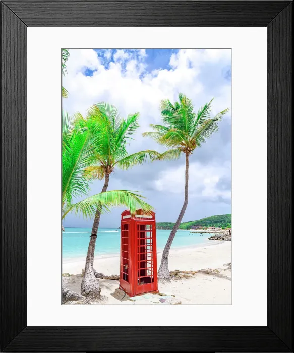 Framed Print : Red telephone box on the palm fringed Dickenson beach, Antigua, Antigua & Barbuda, Caribbean, West Indies Framed Print : Red telephone box on the palm fringed Dickenson beach, Antigua, Antigua & Barbuda, Caribbean, West Indies