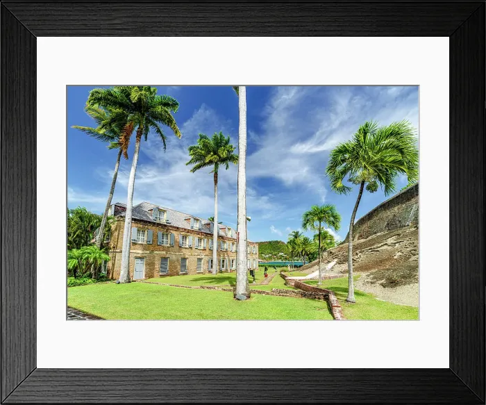 Framed Print : Palm trees framing the Naval Officer's House, museum today, Nelson's Dockyard, English Harbour, Antigua, West Indies, Caribbean Framed Print : Palm trees framing the Naval Officer's House, museum today, Nelson's Dockyard, English Harbour, Antigua, West Indies, Caribbean