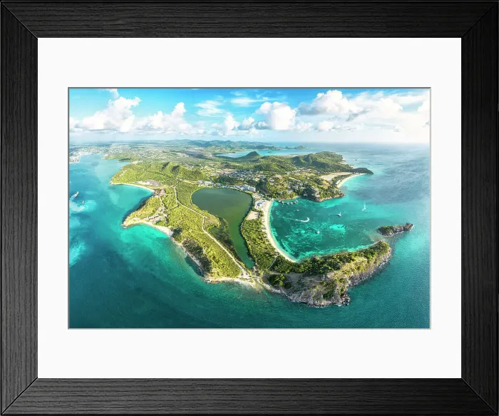 Framed Print : Aerial panoramic of Deep Bay, Galley Bay and St Johns town overlooking the Caribbean Sea, Antigua, Antigua & Barbuda Framed Print : Aerial panoramic of Deep Bay, Galley Bay and St Johns town overlooking the Caribbean Sea, Antigua, Antigua & Barbuda