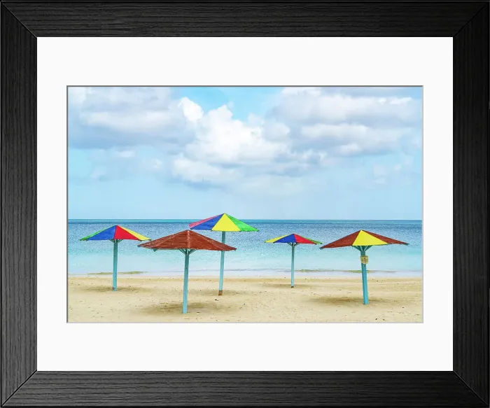 Framed Print : Multicolored beach umbrellas on a tropical shore, Antigua, Antigua & Barbuda, Caribbean, West Indies Framed Print : Multicolored beach umbrellas on a tropical shore, Antigua, Antigua & Barbuda, Caribbean, West Indies