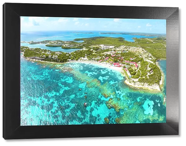 Aerial view of a luxury resort on idyllic beach by coral reef, Long Bay, Antigua, Antigua & Barbuda, Caribbean, West Indies