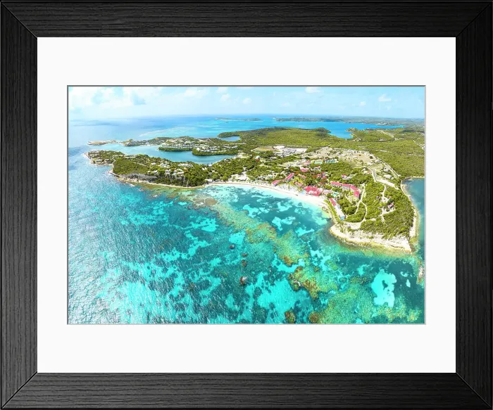 Framed Print : Aerial view of a luxury resort on idyllic beach by coral reef, Long Bay, Antigua, Antigua & Barbuda, Caribbean, West Indies Framed Print : Aerial view of a luxury resort on idyllic beach by coral reef, Long Bay, Antigua, Antigua & Barbuda, Caribbean, West Indies