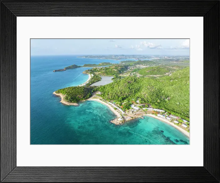 Framed Print : Aerial view of Hawksbill and Galley Bay beach facing the blue Caribbean Sea, Antigua, Antigua & Barbuda, West Indies Framed Print : Aerial view of Hawksbill and Galley Bay beach facing the blue Caribbean Sea, Antigua, Antigua & Barbuda, West Indies