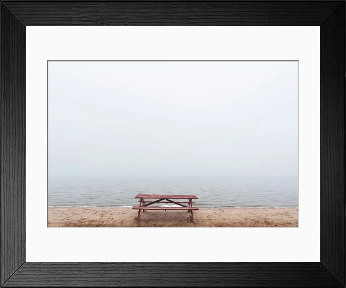 Framed Print : Picnic table on beach in fog St. Joseph's Island, Ontario, Canada
